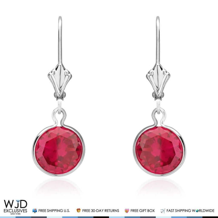 Bezel Round Simulated Ruby Dangle Drop Leverback Earrings 14K White Gold 1"