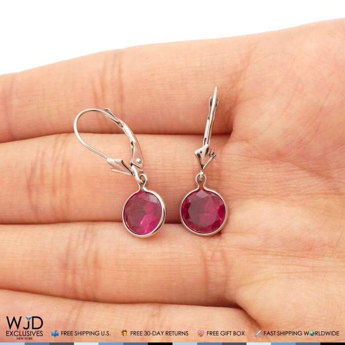 Bezel Round Simulated Ruby Dangle Drop Leverback Earrings 14K White Gold 1"