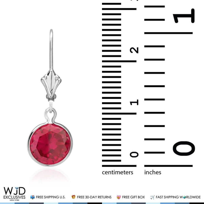 Bezel Round Simulated Ruby Dangle Drop Leverback Earrings 14K White Gold 1"