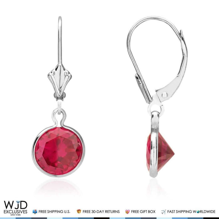 Bezel Round Simulated Ruby Dangle Drop Leverback Earrings 14K White Gold 1"