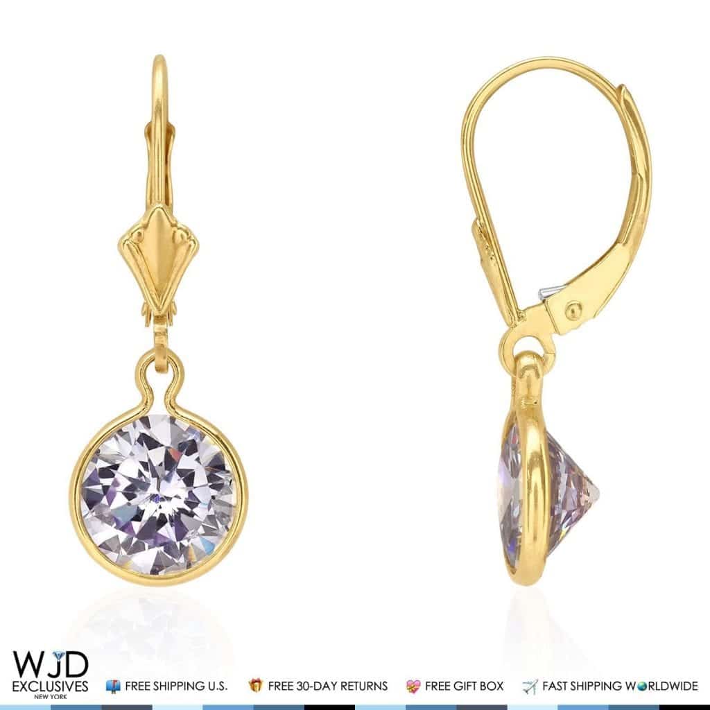 14k Yellow Gold Round Bezel Simulated Birthstone  Drop Leverback Earrings
