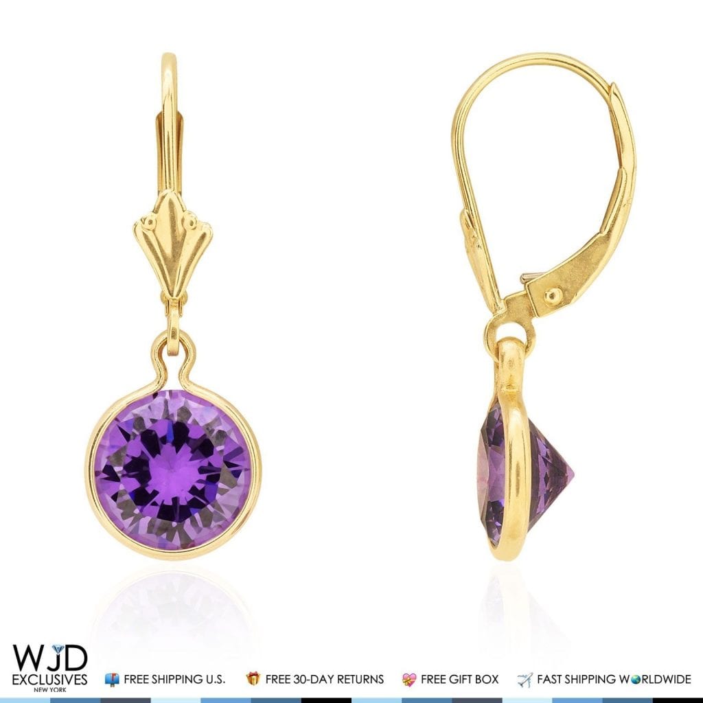 14k Yellow Gold Round Bezel Simulated Birthstone  Drop Leverback Earrings