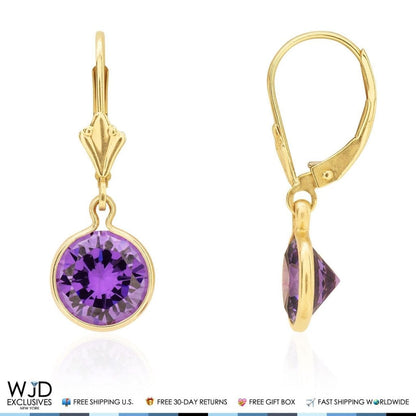 14k Yellow Gold Round Bezel Simulated Birthstone  Drop Leverback Earrings