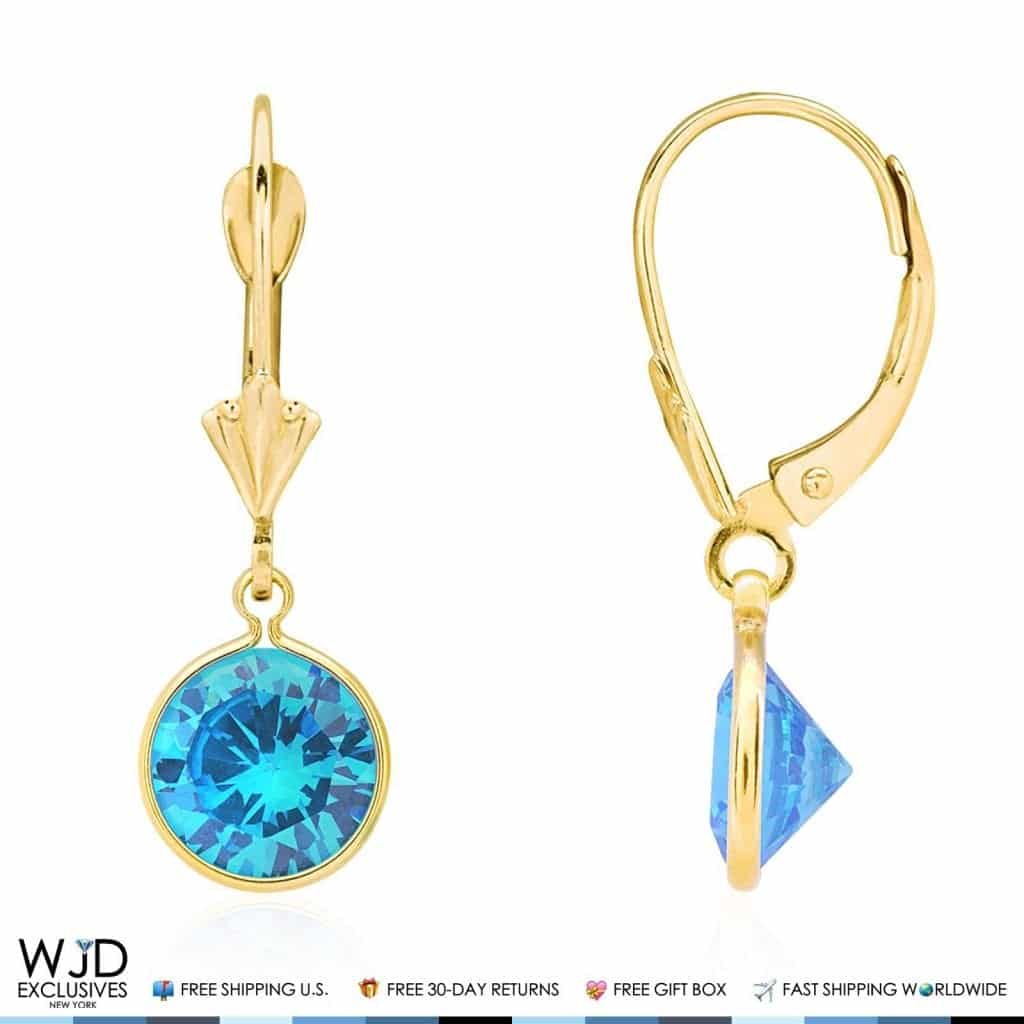 14k Yellow Gold Round Bezel Simulated Birthstone  Drop Leverback Earrings