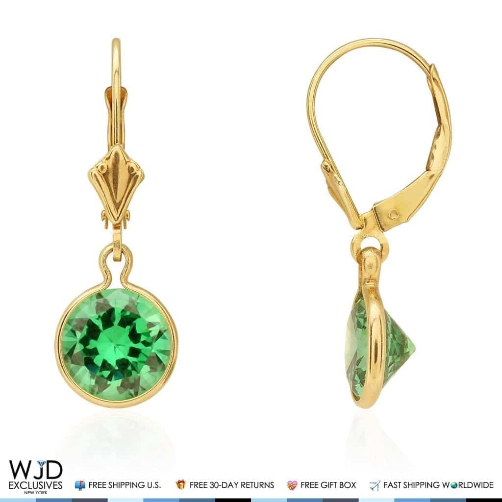 14k Yellow Gold Round Bezel Simulated Birthstone  Drop Leverback Earrings