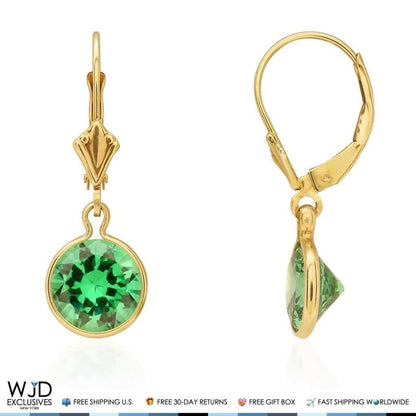 14k Yellow Gold Round Bezel Simulated Birthstone  Drop Leverback Earrings
