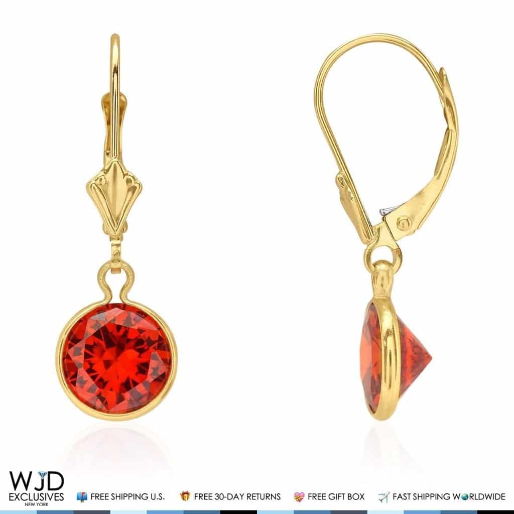 14k Yellow Gold Round Bezel Simulated Birthstone  Drop Leverback Earrings