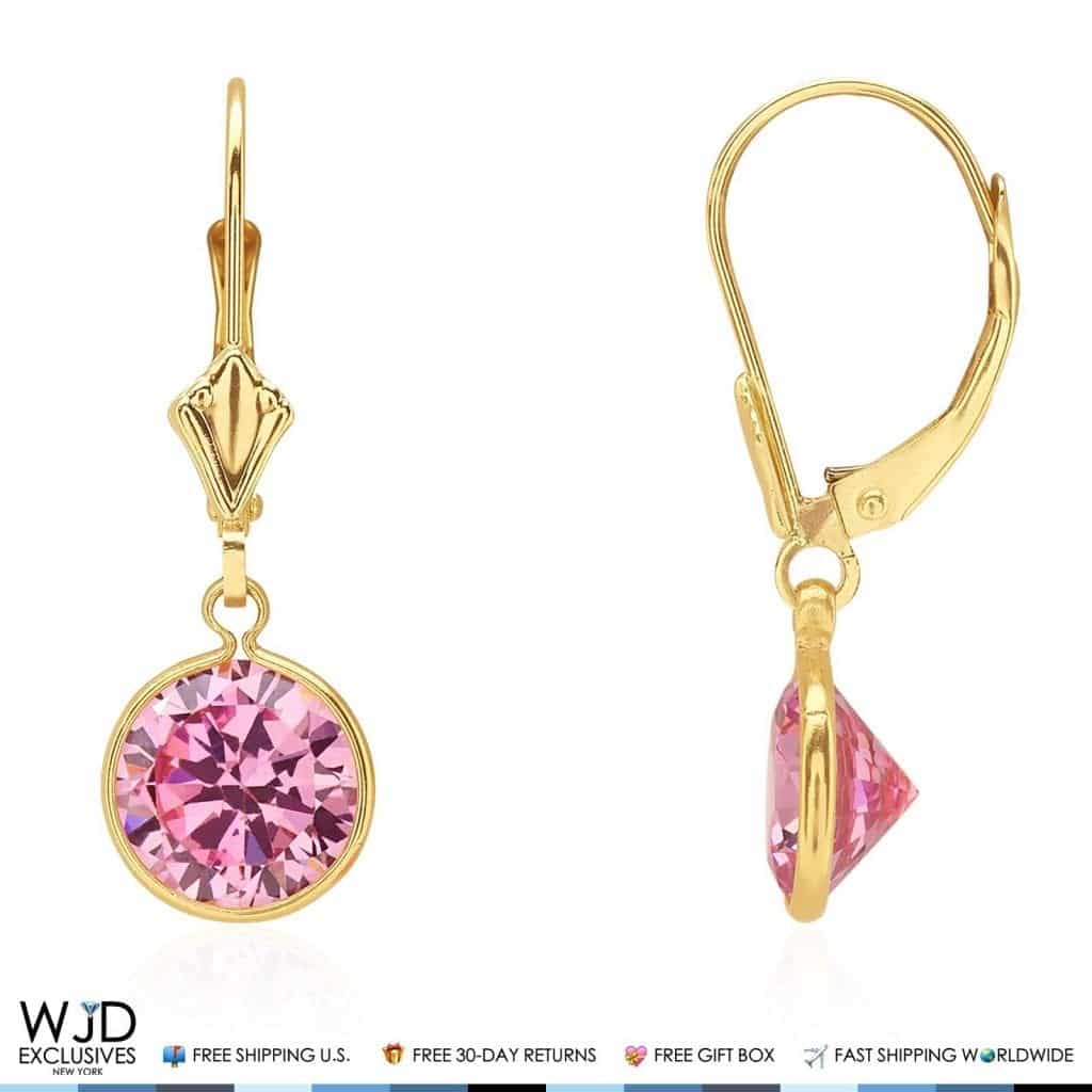 14k Yellow Gold Round Bezel Simulated Birthstone  Drop Leverback Earrings