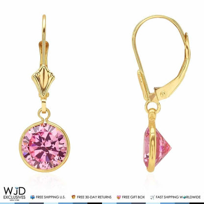 14k Yellow Gold Round Bezel Simulated Birthstone  Drop Leverback Earrings