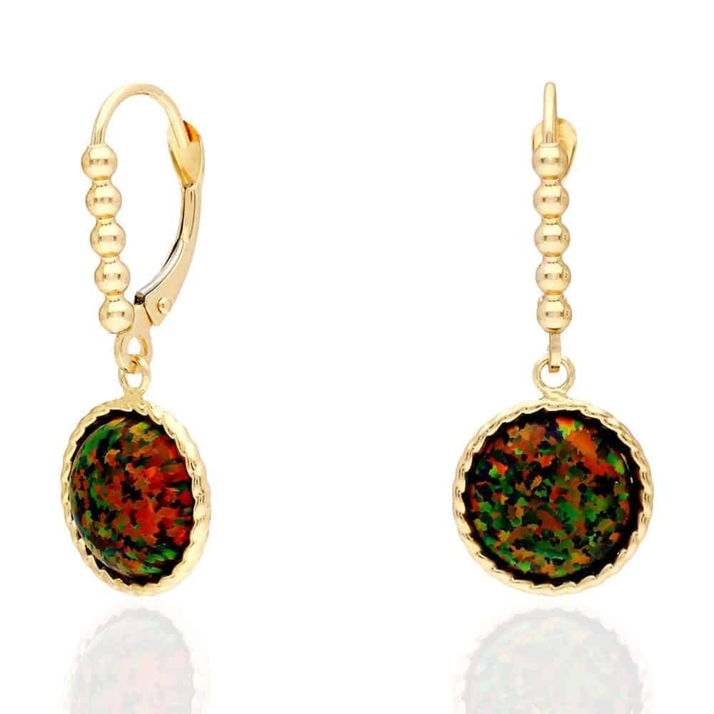 14K Real Gold Yellow, White Twisted Bezel Fire Opal Leverback Earrings 11.5mm