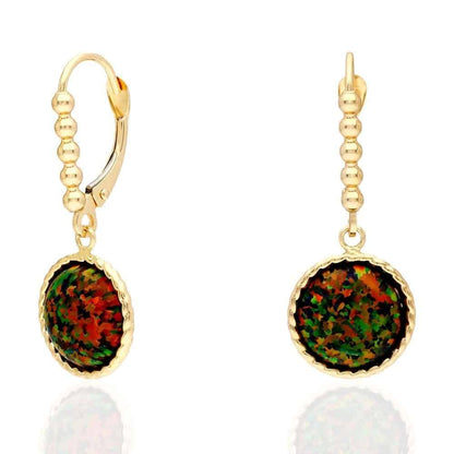 14K Real Gold Yellow, White Twisted Bezel Fire Opal Leverback Earrings 11.5mm