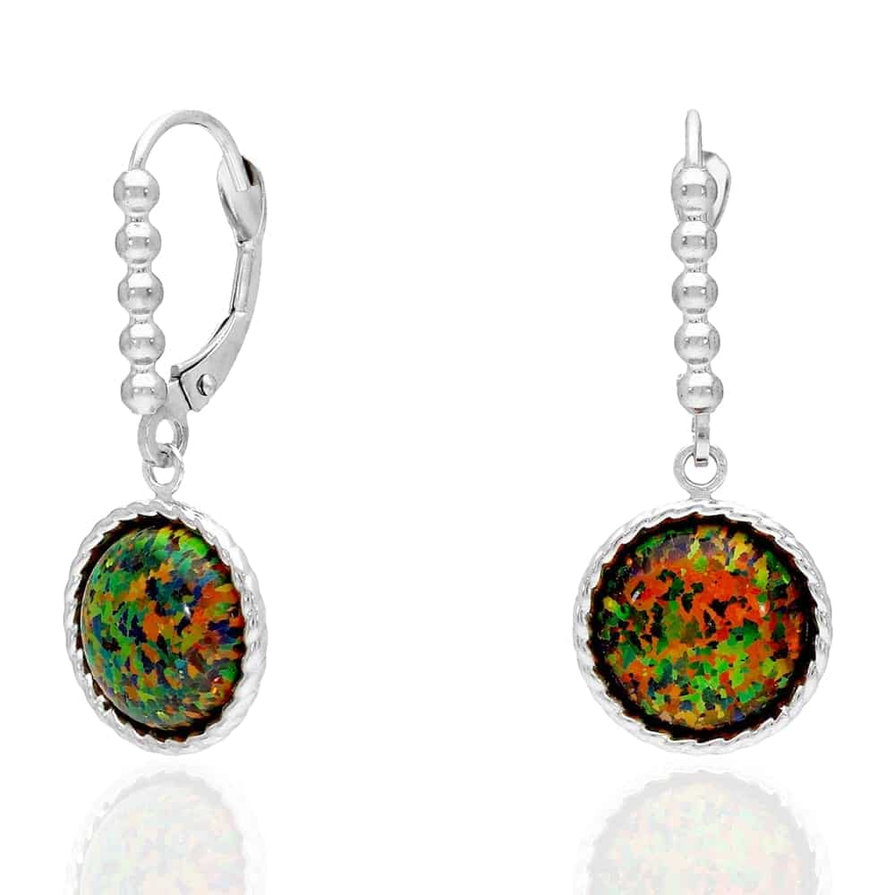 14K Real Gold Yellow, White Twisted Bezel Fire Opal Leverback Earrings 11.5mm