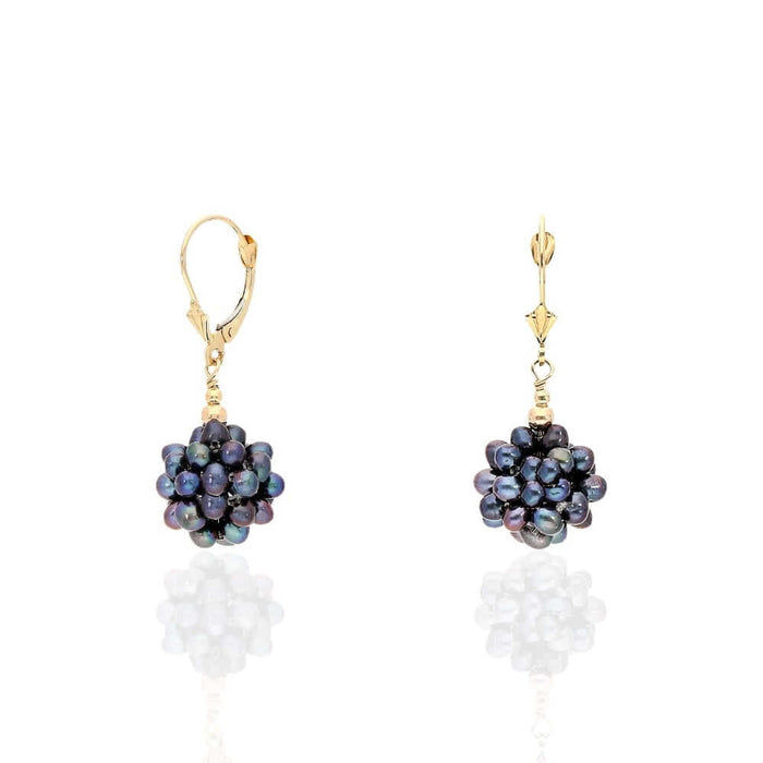 14k Yellow Gold Freshwater Pearl Cluster Leverback Earrings 1.4"