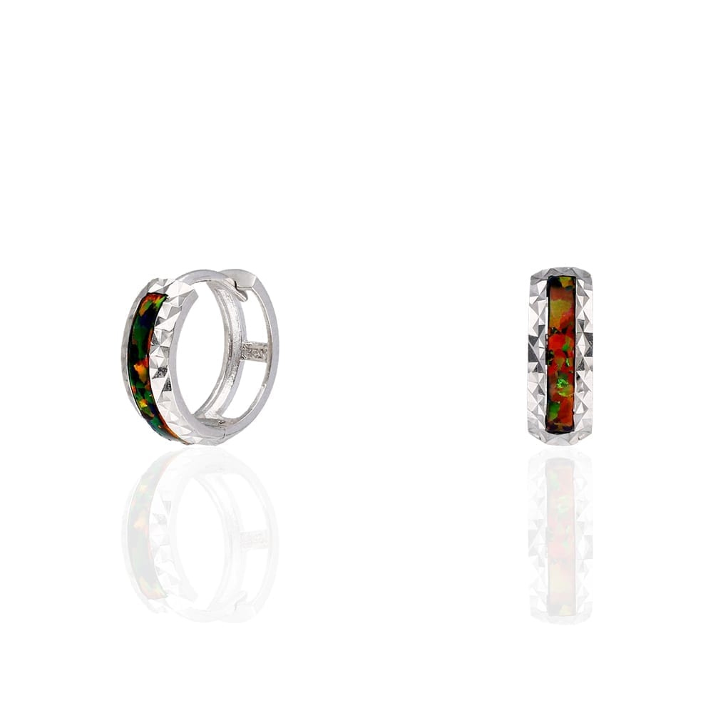925 Sterling Silver Diamond Cut Fire Opal Huggie Hoop Earrings 0.55"