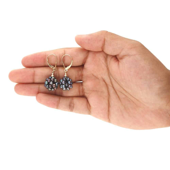 14k Yellow Gold Freshwater Pearl Cluster Leverback Earrings 1.4"