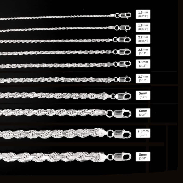 Sterling Silver 1.5mm-8mm Rope Chain (Solid Links) 16"-30"