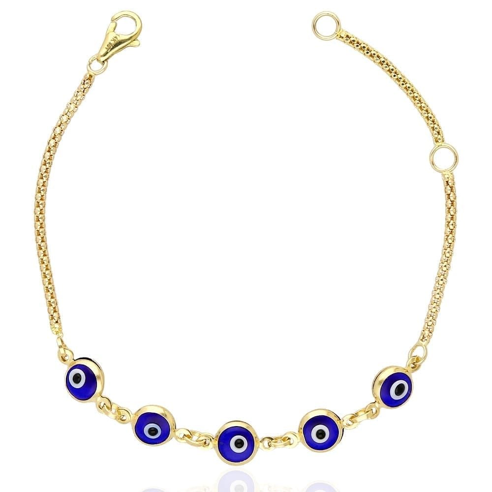 14k Gold Yellow Bezel Evil Eye Kid Bracelet 5"-6" Adjustable