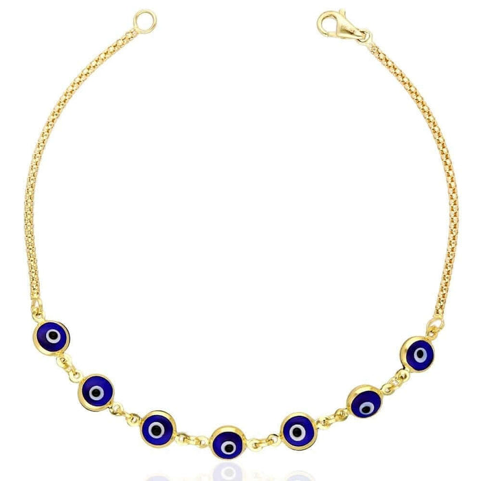 14K Yellow Gold Bezel Evil Eye Popcorn Bracelet 7"