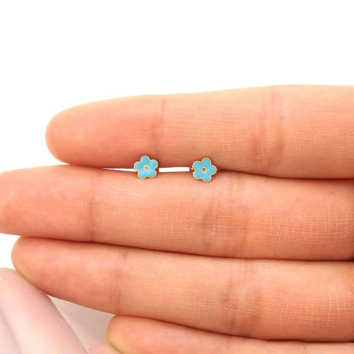 Kids 14K Gold Pink Blue Green Red White Purple Yellow Enamel Flower Earrings 7mm