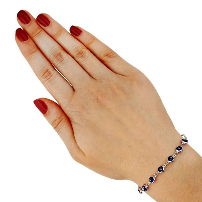 14K White Gold Bezel Evil Eye Popcorn Bracelet 7"