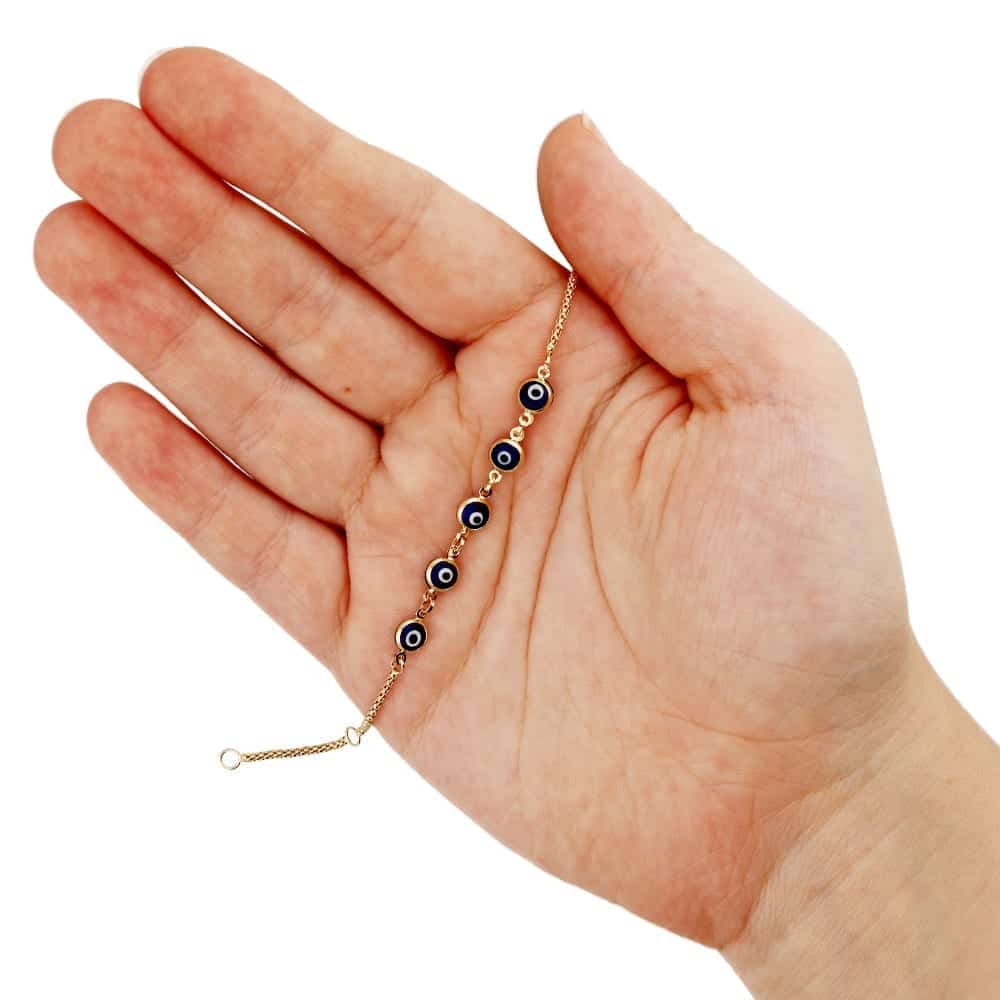 14k Gold Yellow Bezel Evil Eye Kid Bracelet 5"-6" Adjustable