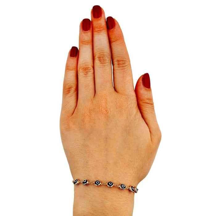 14K Yellow Gold Bezel Evil Eye Popcorn Bracelet 7"