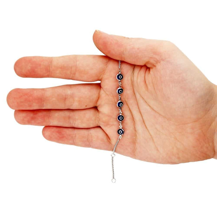 14K White Gold Adjustable Bezel Evil Eye Kid Bracelet 5"-6" Adjustable