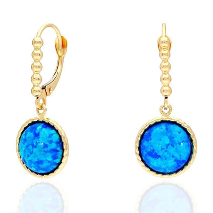14K Real Gold Yellow, White Twisted Bezel Fire Opal Leverback Earrings 11.5mm