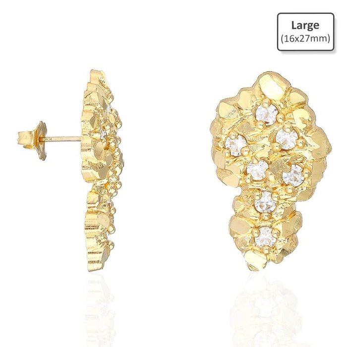 10K Yellow Gold CZ Diamond-Cut Nugget Stud Earrings 17mm-27mm