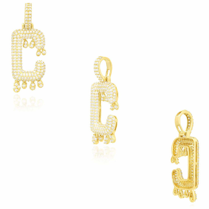 14K Yellow Gold CZ Iced Out Dripping Initial Letter Pendant 1.7"
