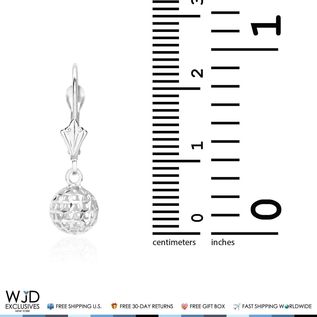 14K White Gold Carved Ball Diamond-Cut Dangle Drop Lever Back Earrings