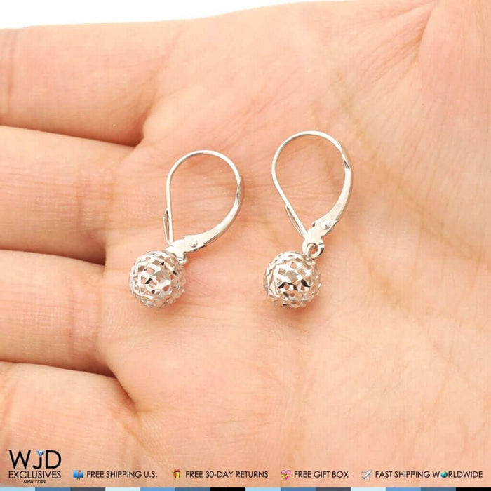 14K White Gold Carved Ball Diamond-Cut Dangle Drop Lever Back Earrings