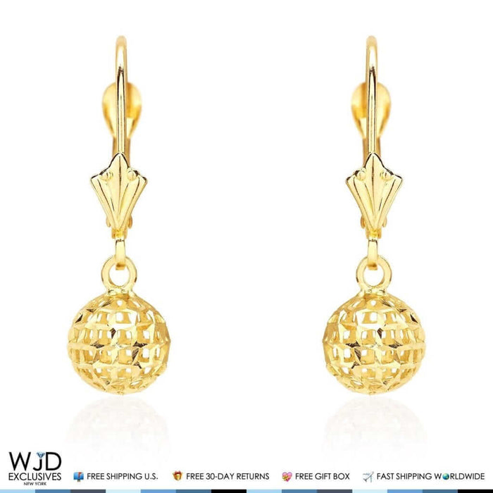 14K Yellow Gold Carved Diamond-Cut 7mm Dangle Ball Leverback Earrings