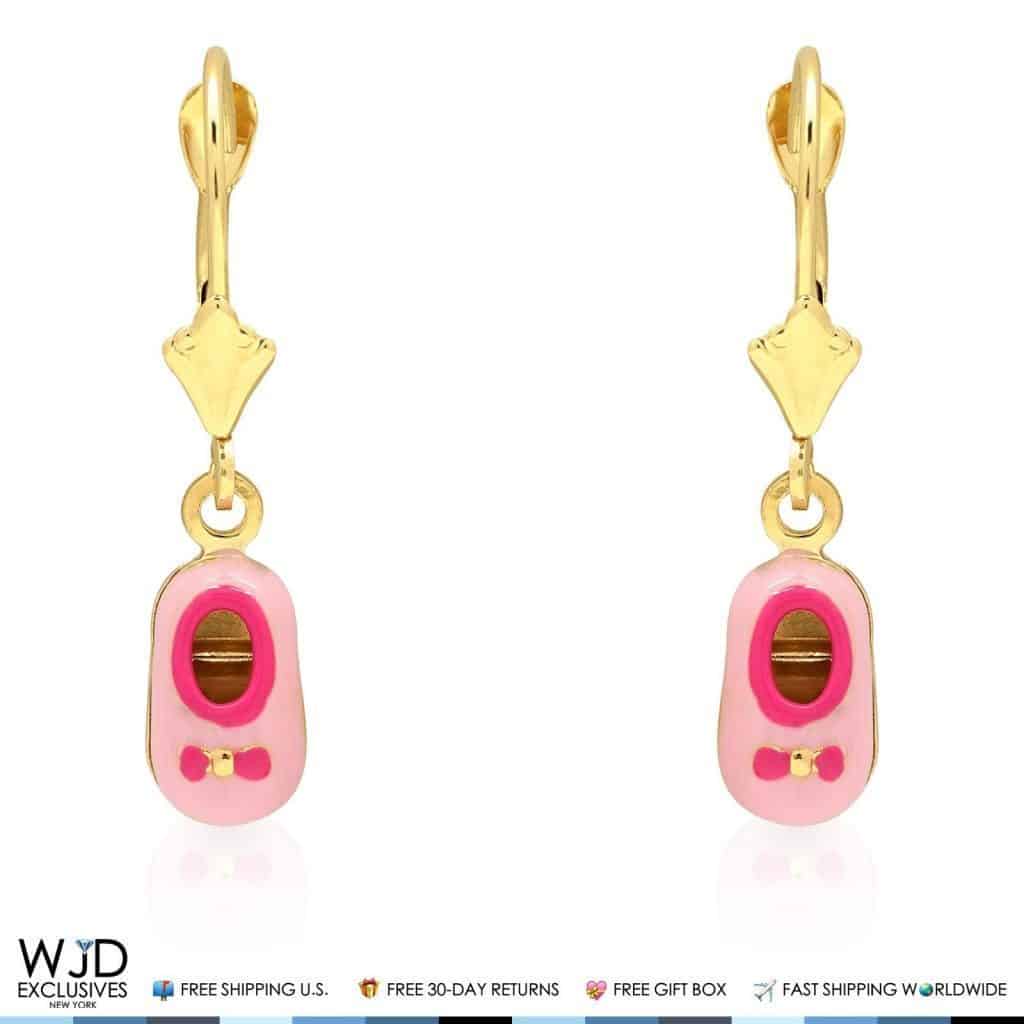 Kids 14K Gold Pink Yellow Red Purple Blue Green Enamel Baby Shoes Earrings