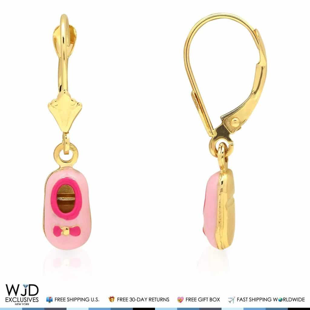 Kids 14K Gold Pink Yellow Red Purple Blue Green Enamel Baby Shoes Earrings