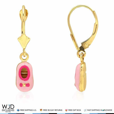 Kids 14K Gold Pink Yellow Red Purple Blue Green Enamel Baby Shoes Earrings