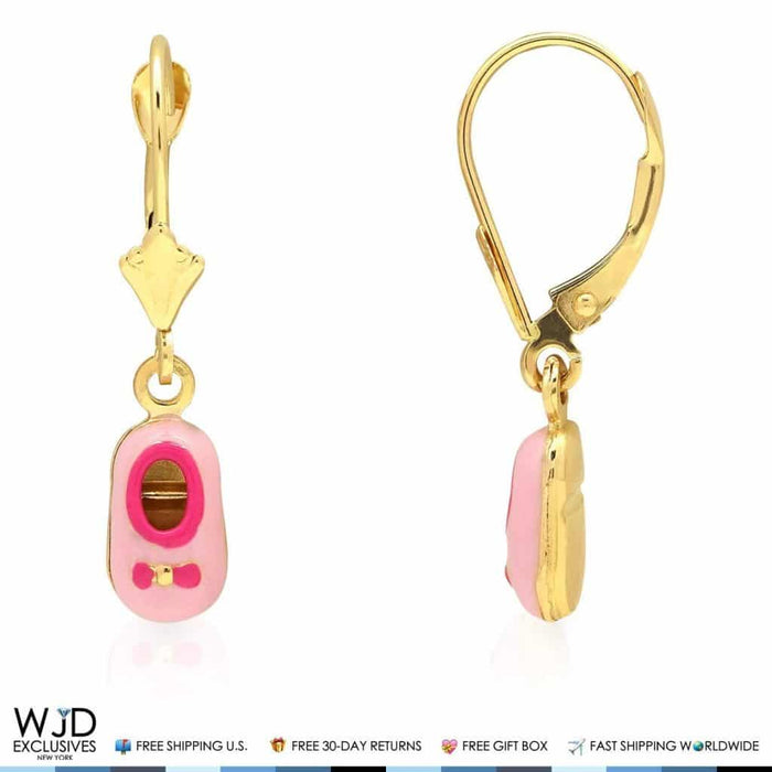 Kids 14K Gold Pink Yellow Red Purple Blue Green Enamel Baby Shoes Earrings
