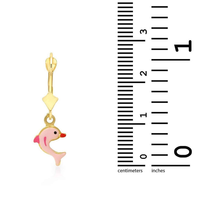 Kids 14K Yellow Gold Pink Purple Blue Green Enamel Dolphin Leverback Earrings