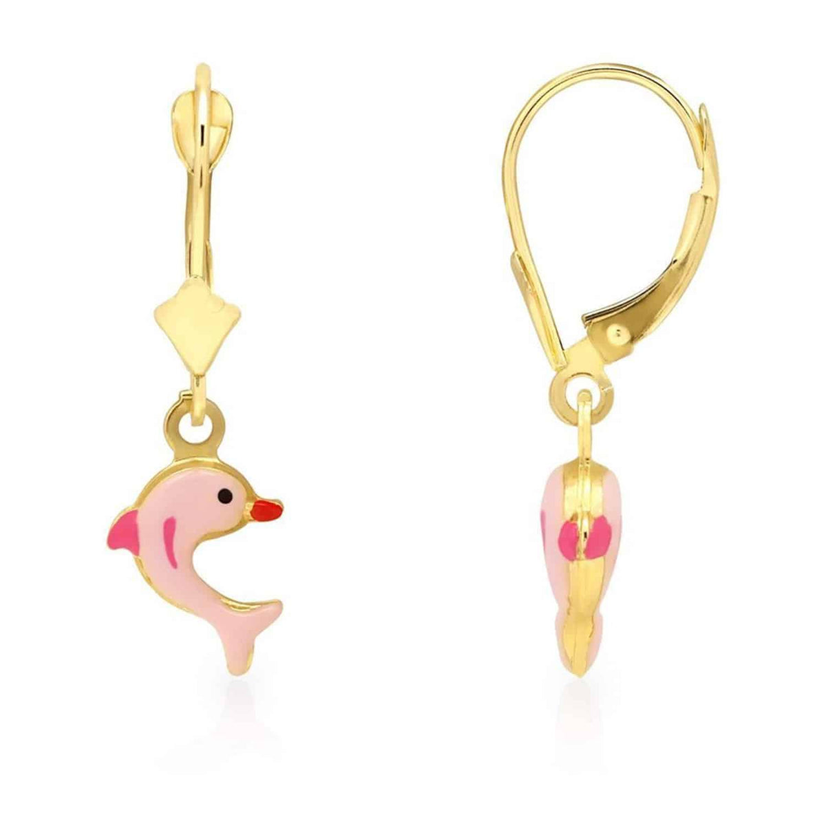 Kids 14K Yellow Gold Pink Purple Blue Green Enamel Dolphin Leverback Earrings