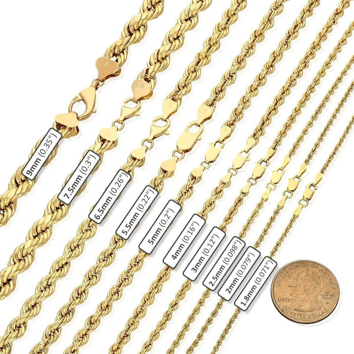 Real 10K Gold 1.8mm-9mm Rope Chain (Hollow) 16"-30"