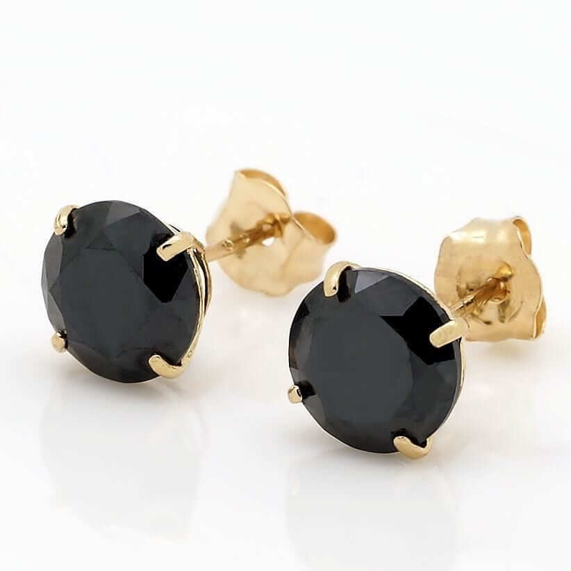 14K Yellow Gold Simulated Black Diamond Round Push Back Stud Earrings 3-8mm