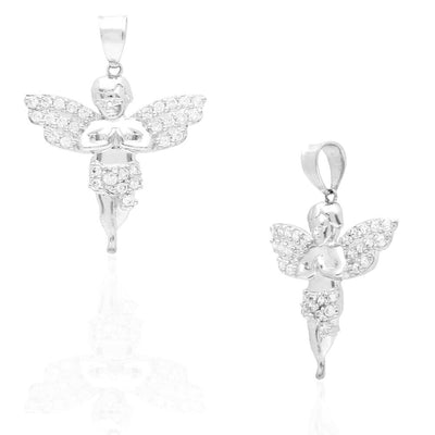 10k White Gold CZ Angel Religious Pendant 1.2"