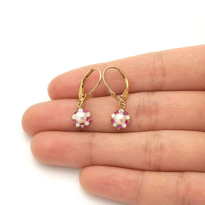 Genuine Pearl CZ 14k Yellow Gold Flower Leverback Earrings