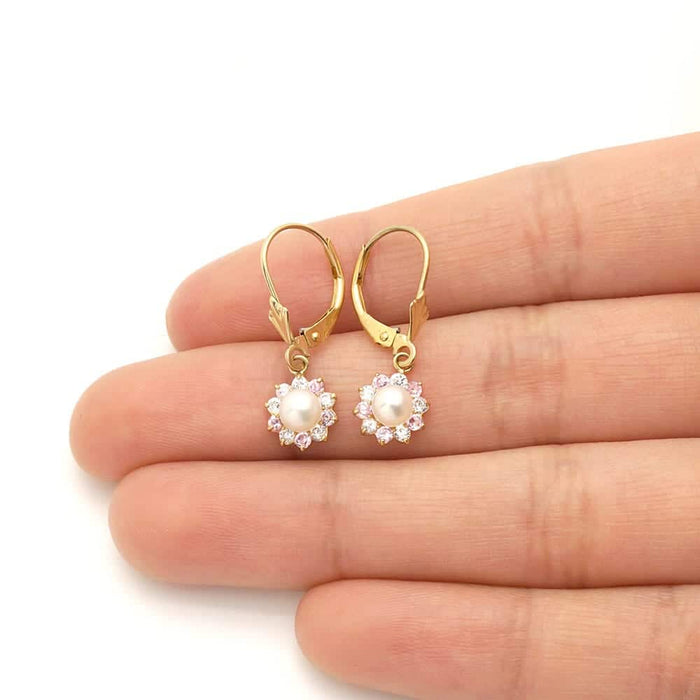 Genuine Pearl CZ 14k Yellow Gold Flower Leverback Earrings