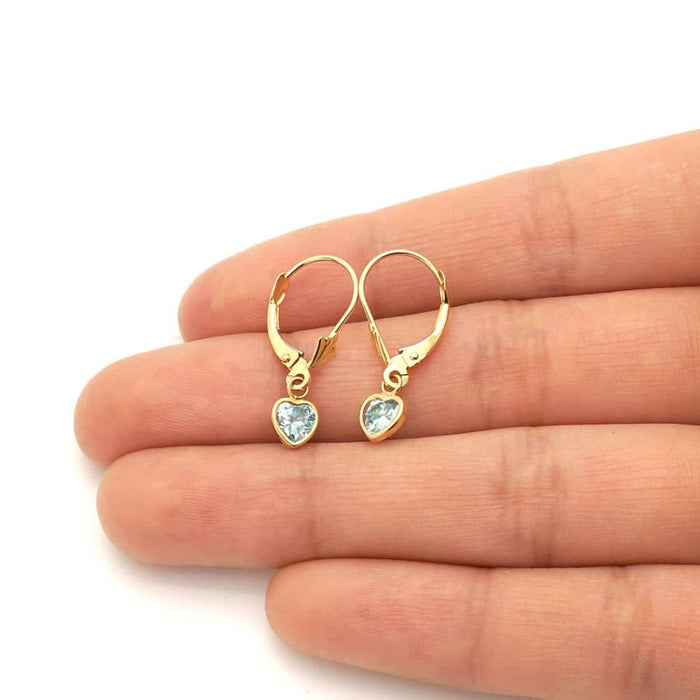 14k Yellow Gold Birthstone Bezel Set Heart Drop Leverback Earrings