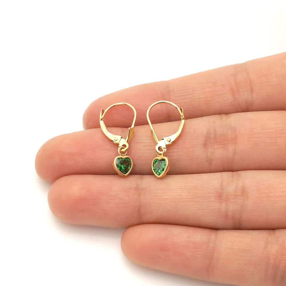 14k Yellow Gold Birthstone Bezel Set Heart  Drop Leverback Earrings