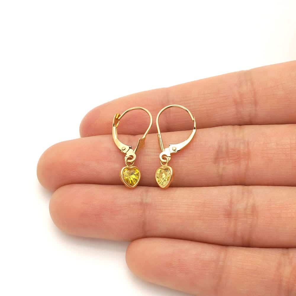 14k Yellow Gold Birthstone Bezel Set Heart  Drop Leverback Earrings