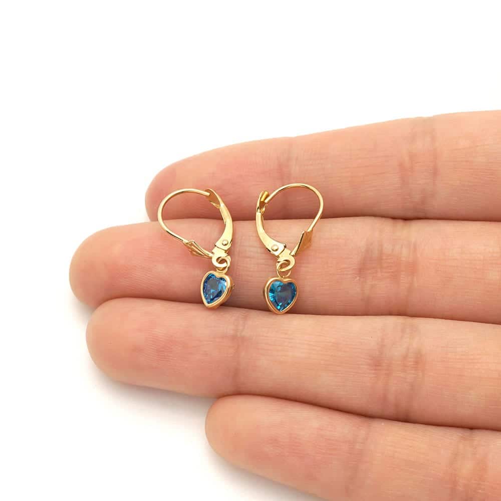 14k Yellow Gold Birthstone Bezel Set Heart  Drop Leverback Earrings