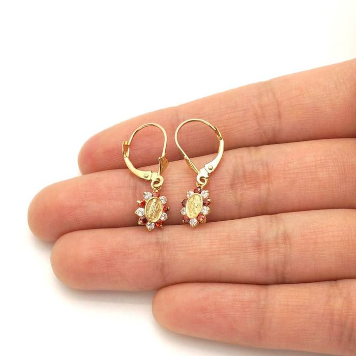 14k Yellow Gold Birthstone Virgin Guadalupe Oval Leverback Earrings 1"