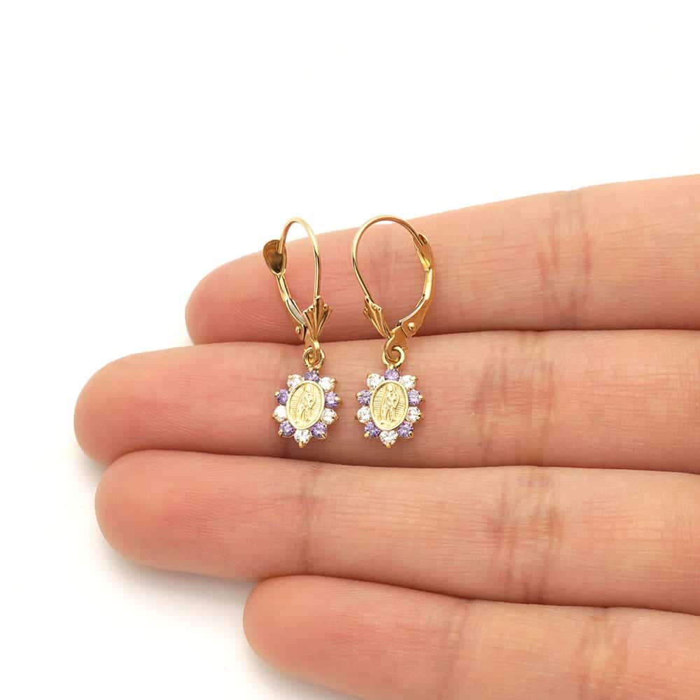 14k Yellow Gold Birthstone Virgin Guadalupe Oval Leverback Earrings 1"